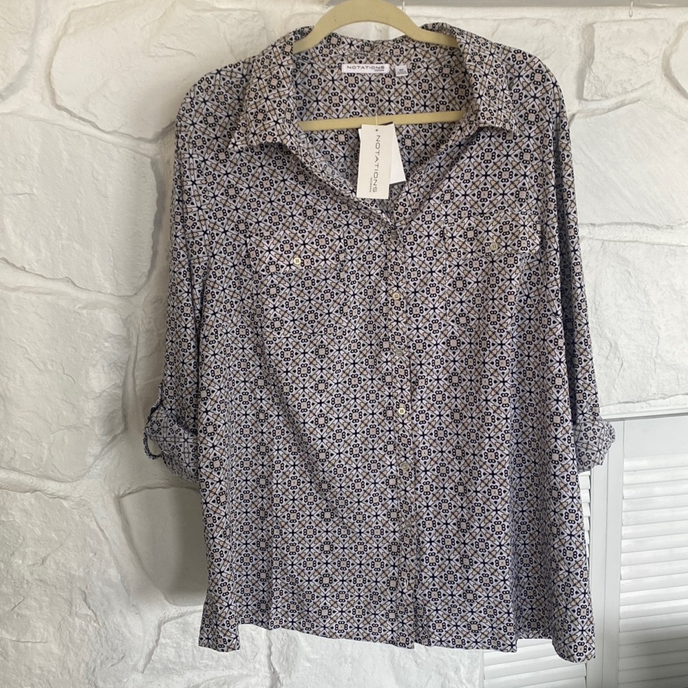 NWT Notations black & white printed top long sleeve - roll sleeves button front